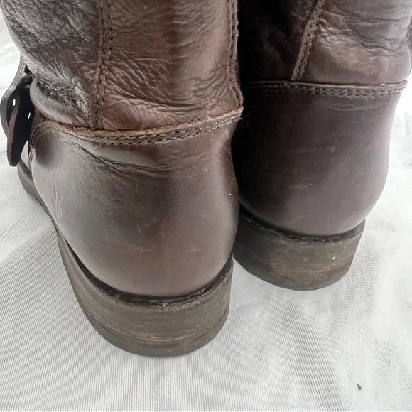 Frye harness buckle strap brown leather mid calf boots moto riding motorcycle 7B - Picture 11 of 16